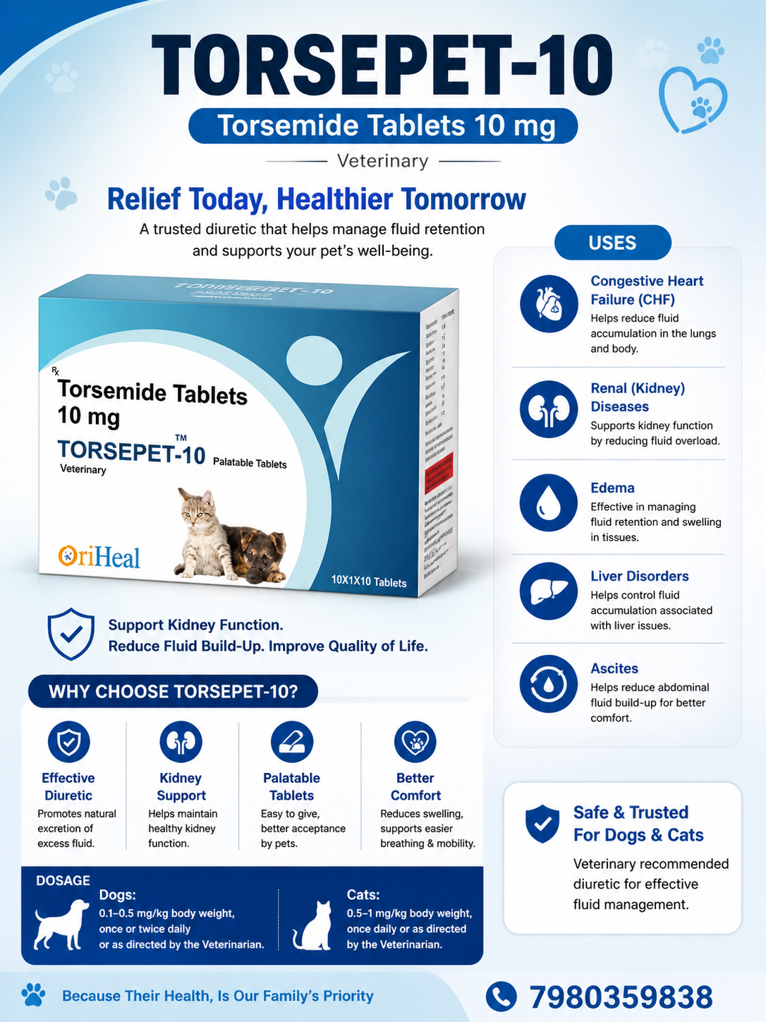 Alt text: Torsepet-10 (Torsemide 10 mg) veterinary tablets for dogs and cats, used to reduce fluid retention and edema, supporting heart, kidney, and liver health.