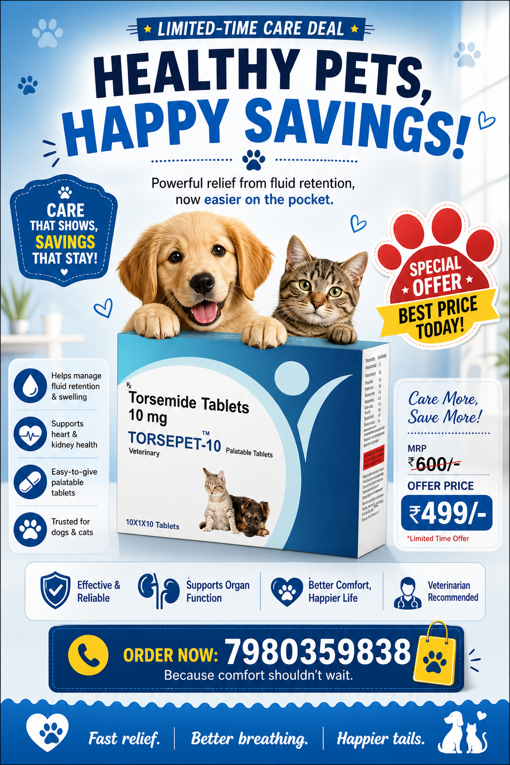 Torsepet-10 (Torsemide 10 mg) veterinary tablets used to reduce fluid buildup and swelling in dogs and cats, supporting heart, kidney, and overall health.
