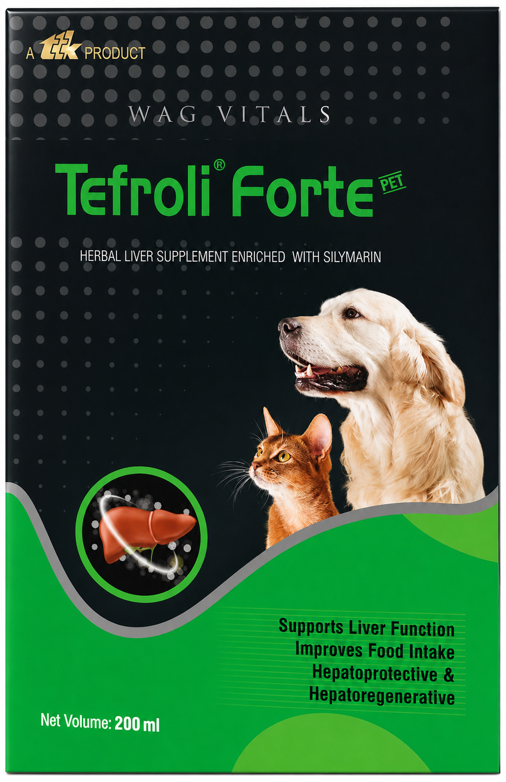 200ml bottle of Tefroli Forte Pet herbal liver supplement for dogs and cats