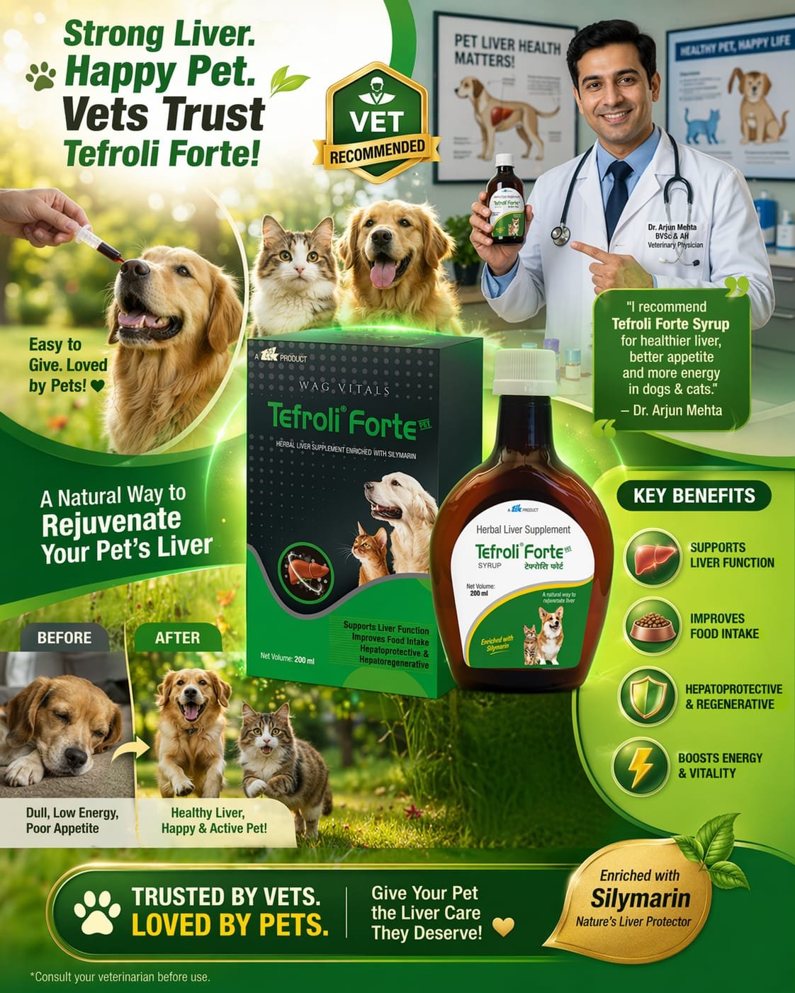 This image is an informational advertisement for Wag Vitals Tefroli Forte pet liver supplement. It uses a dynamic and bright green aesthetic with illustrative elements. The upper-left corner displays a hand giving a drop of the supplement to a Golden Retriever with the text, "Easy to Give. Loved by Pets!