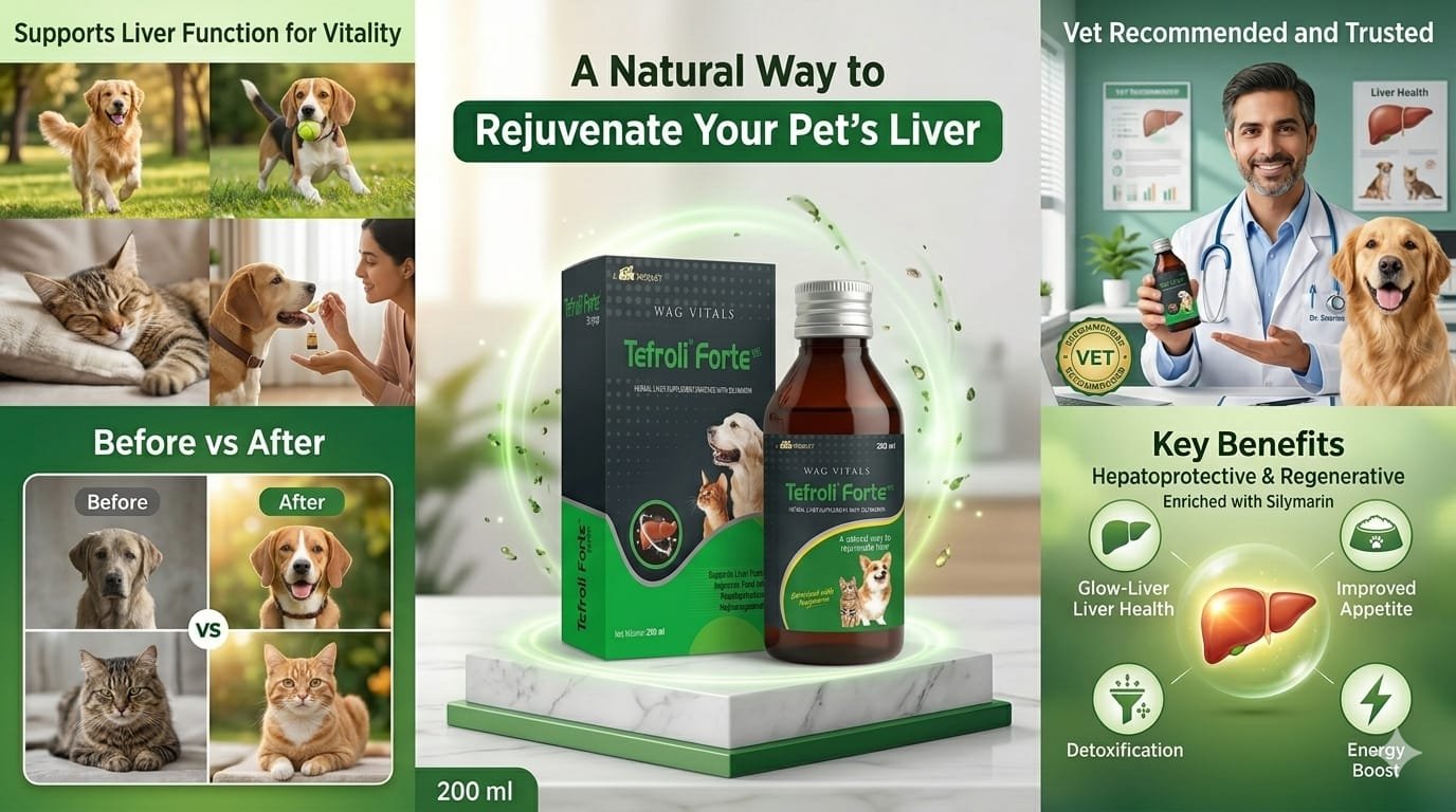 A promotional graphic for Tefroli Forte Pet, a 200ml herbal liver supplement for dogs and cats. The image displays the product packaging and bottle alongside a veterinarian, happy pets in a "Before vs After" comparison, and icons highlighting benefits like hepatoprotective care, improved appetite, detoxification, and energy boost.