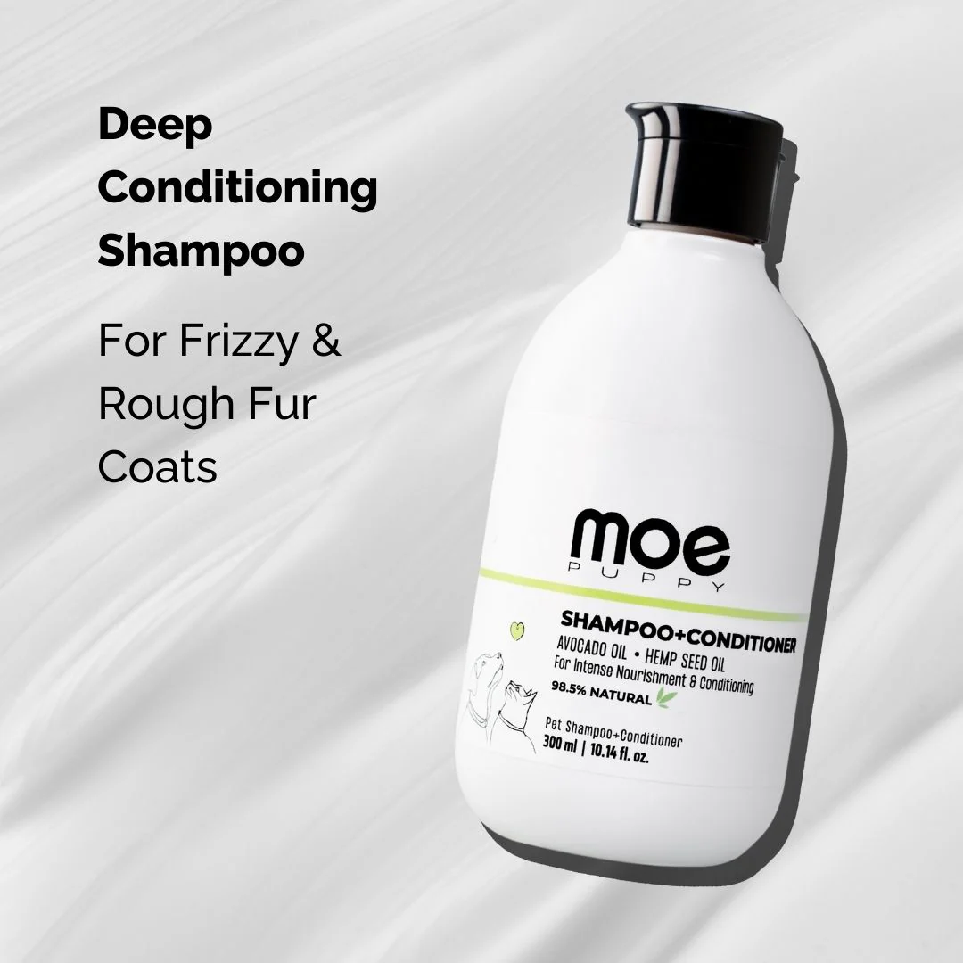 Moe Puppy shampoo and conditioner bottle for pets with deep conditioning formula