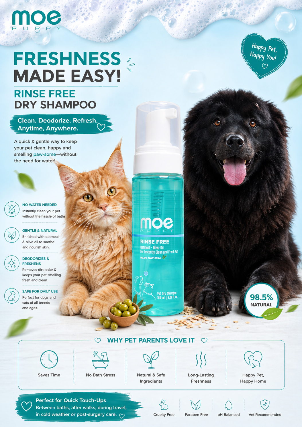Moe puppy Rinse Free Dry Shampoo 150ml - Image 2