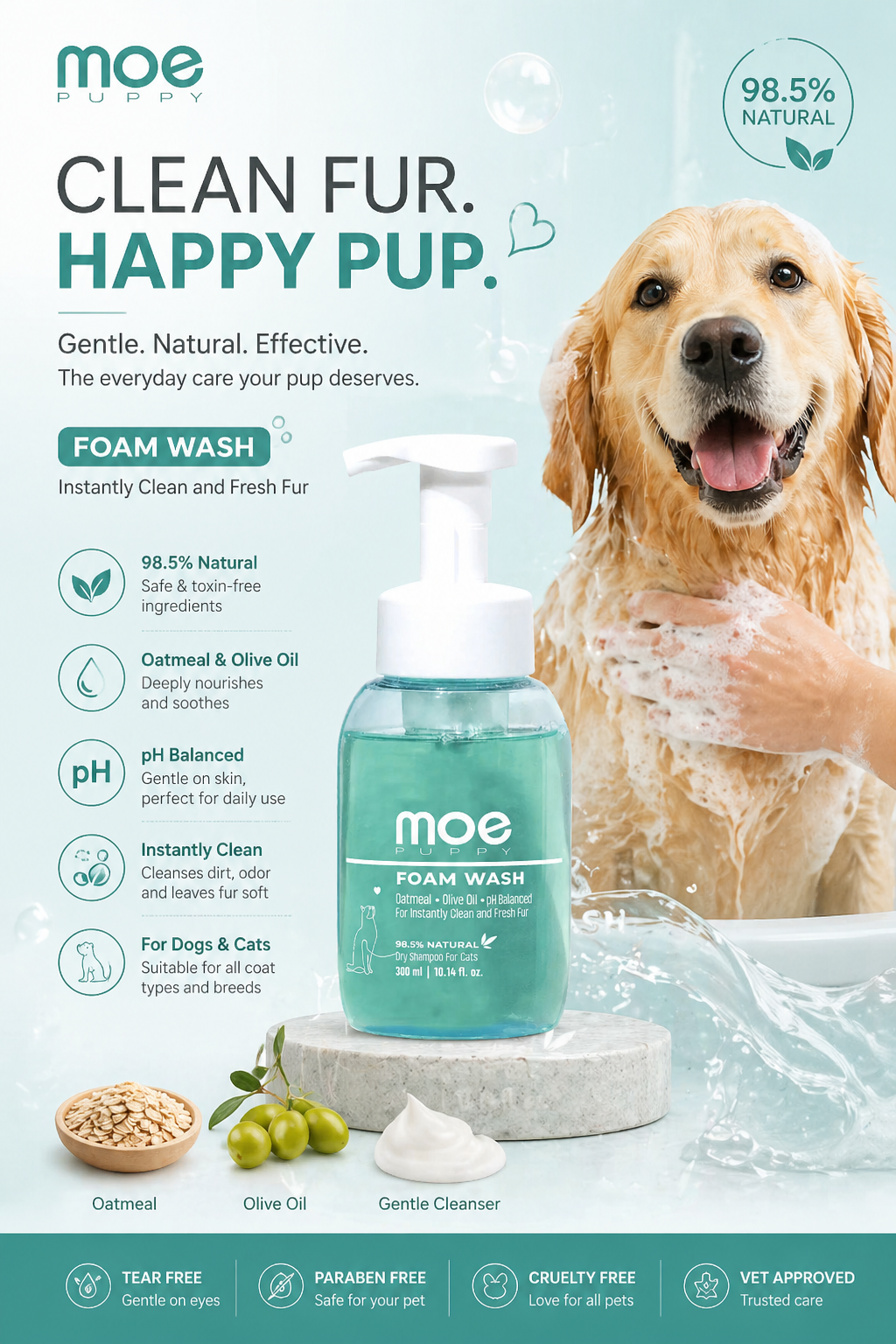 Natural Waterless Cat Shampoo | Moe Puppy Foam Wash - Image 2
