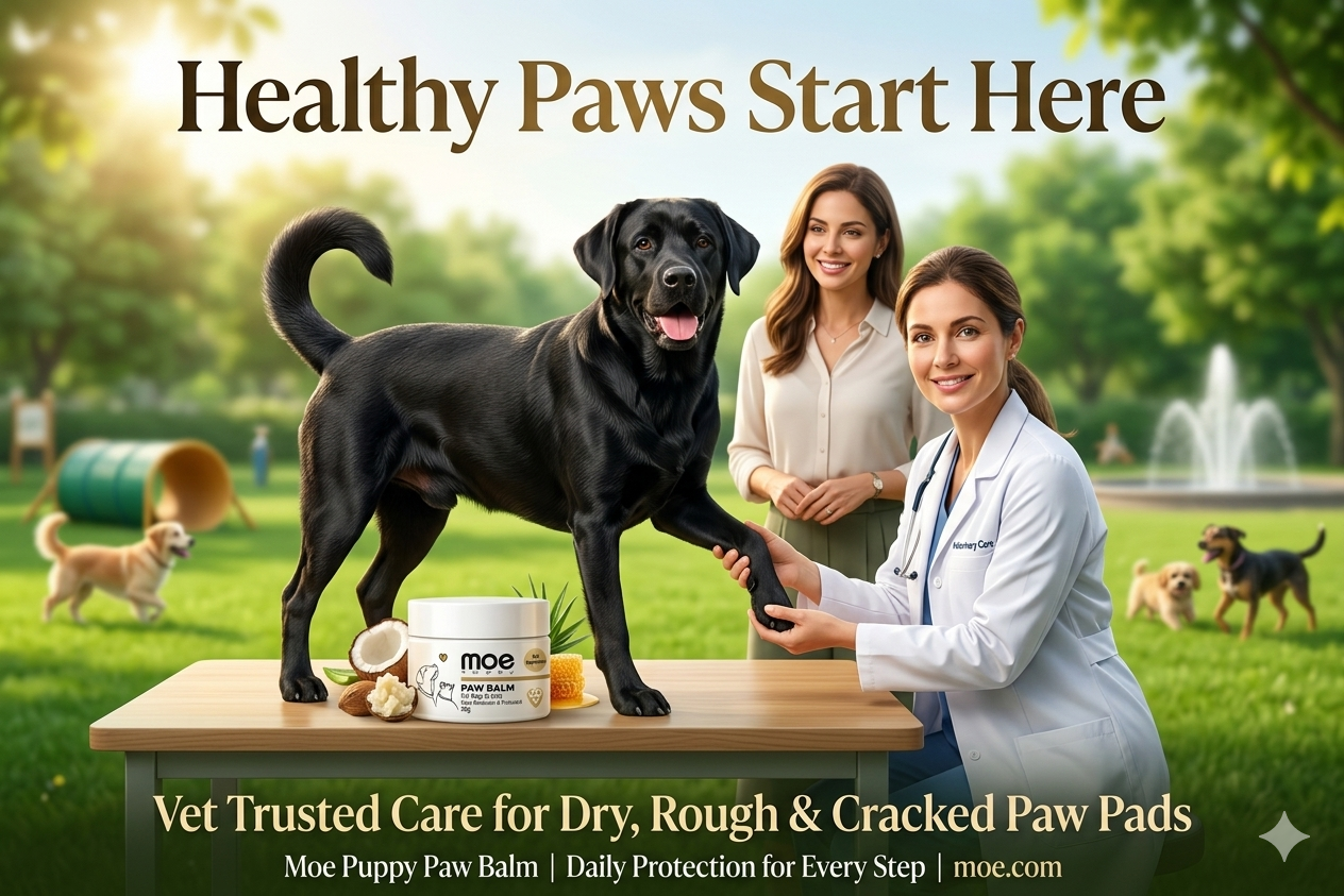 A veterinary promotional poster features a veterinarian and a pet owner caring for a black Labrador Retriever with the product on a table.