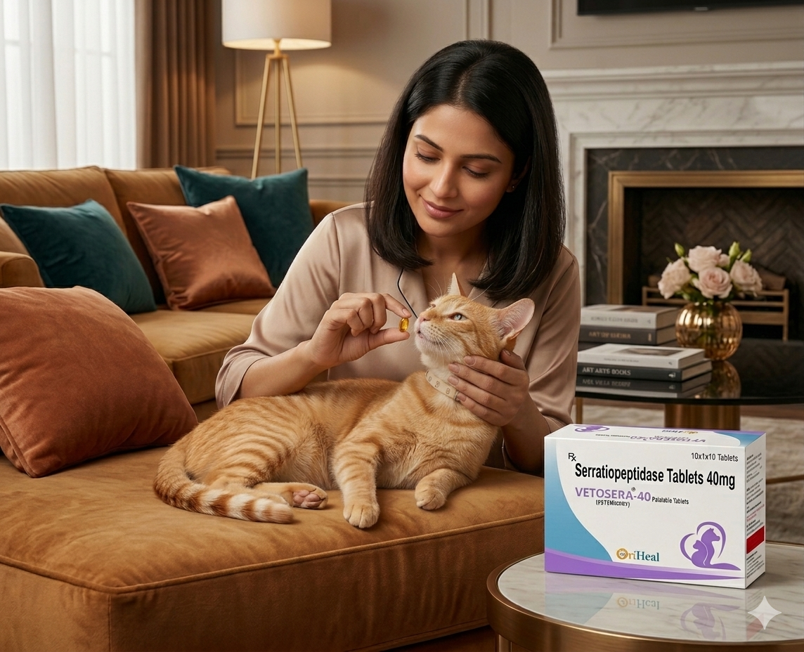 This image is a commercial advertisement for a veterinary medication called "Vetosera-40," which contains Serratiopeptidase. The purpose of the image is to promote this product by showing a pet owner easily and comfortably administering the medication to her cat. Key elements that convey this purpose include: Brand Placement: The product box is prominently displayed in the foreground, with clear text identifying the name (Vetosera-40), the active ingredient (Serratiopeptidase Tablets 40mg), and the brand (OriHeal). The Action: A calm and smiling woman is shown holding a small pill for her orange tabby cat, indicating that the tablets are easy to give and accepted by the pet. The cat appears relaxed, not stressed. The Atmosphere: The scene is set in a comfortable, clean, and well-lit home environment, suggesting that this care can be easily managed by pet owners. Emotional Appeal: The owner's smile and the cat's calm demeanor promote a message of responsible, stress-free pet care.