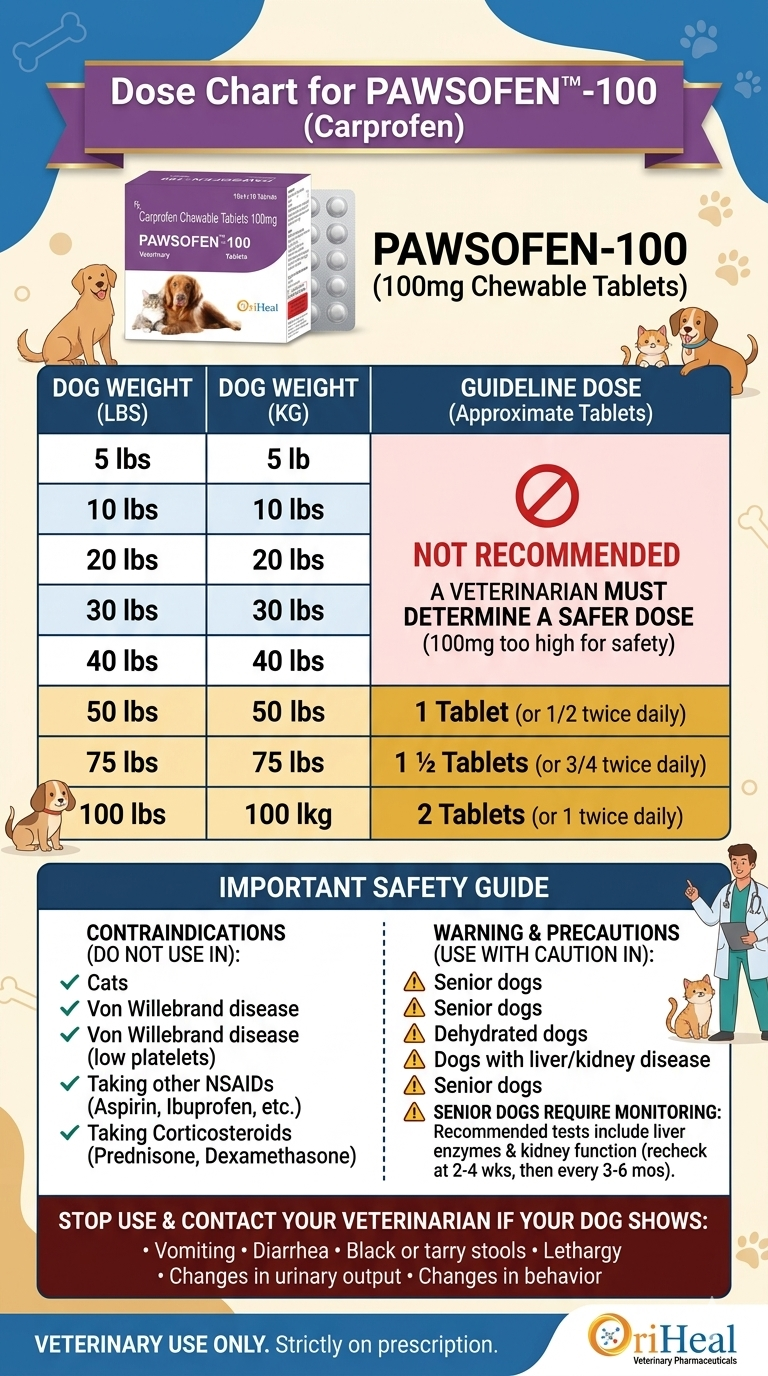 A premium product advertisement poster featuring a dosage chart for Pawsofen-100 (Carprofen Chewable Tablets) with safety guidelines, contraindications, and a veterinarian character explaining proper usage for dogs.