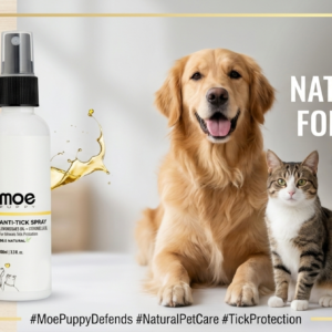 A premium product advertisement banner for Moe Puppy Anti-Tick Spray, featuring a spray bottle next to a golden retriever and a tabby cat, highlighting natural defense and protection for pets.