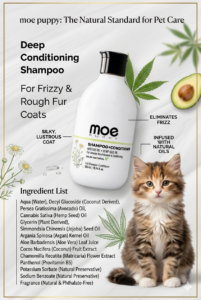 The image includes the ingredient list and botanical illustrations of avocado, hemp, and chamomile.