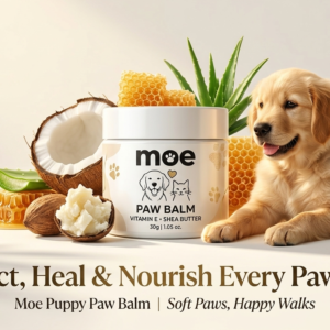 A high-end commercial poster for Moe Puppy Paw Balm featuring a premium product jar centered among natural ingredients like coconut, shea butter, and aloe vera, with a happy golden retriever puppy and gold-toned paw print branding to signify ultimate paw protection and comfort.