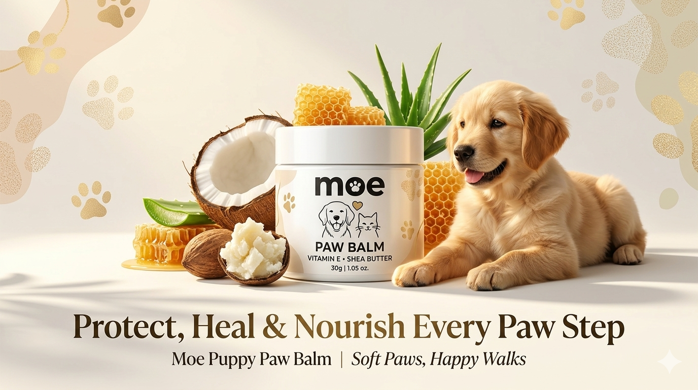 A high-end commercial poster for Moe Puppy Paw Balm featuring a premium product jar centered among natural ingredients like coconut, shea butter, and aloe vera, with a happy golden retriever puppy and gold-toned paw print branding to signify ultimate paw protection and comfort.