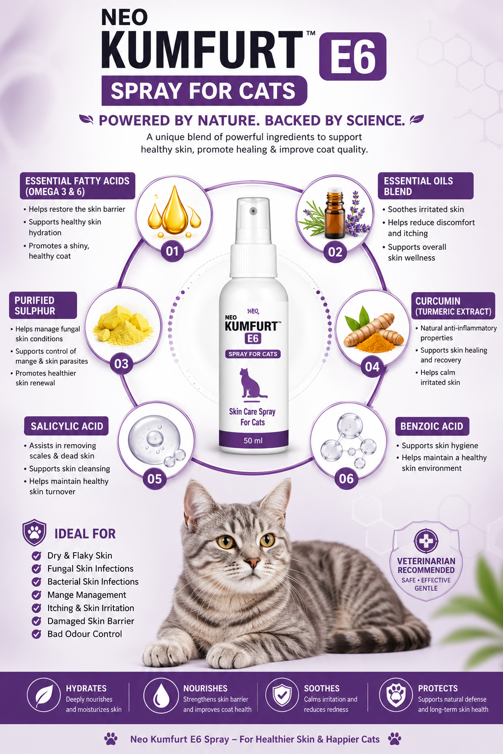 Ingredient infographic of Neo Kumfurt E6 Spray for Cats showing Omega 3 & 6 fatty acids, essential oils, purified sulphur, curcumin, salicylic acid, and benzoic acid surrounding the product bottle with a healthy cat
