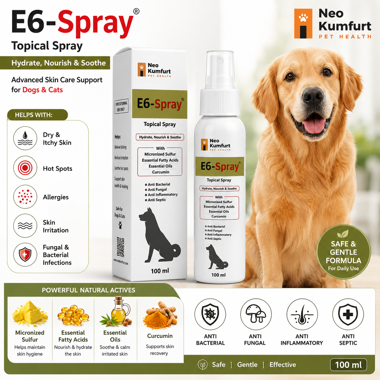 E6 Pet Skin Spray for dogs with anti fungal and anti itch skin care support