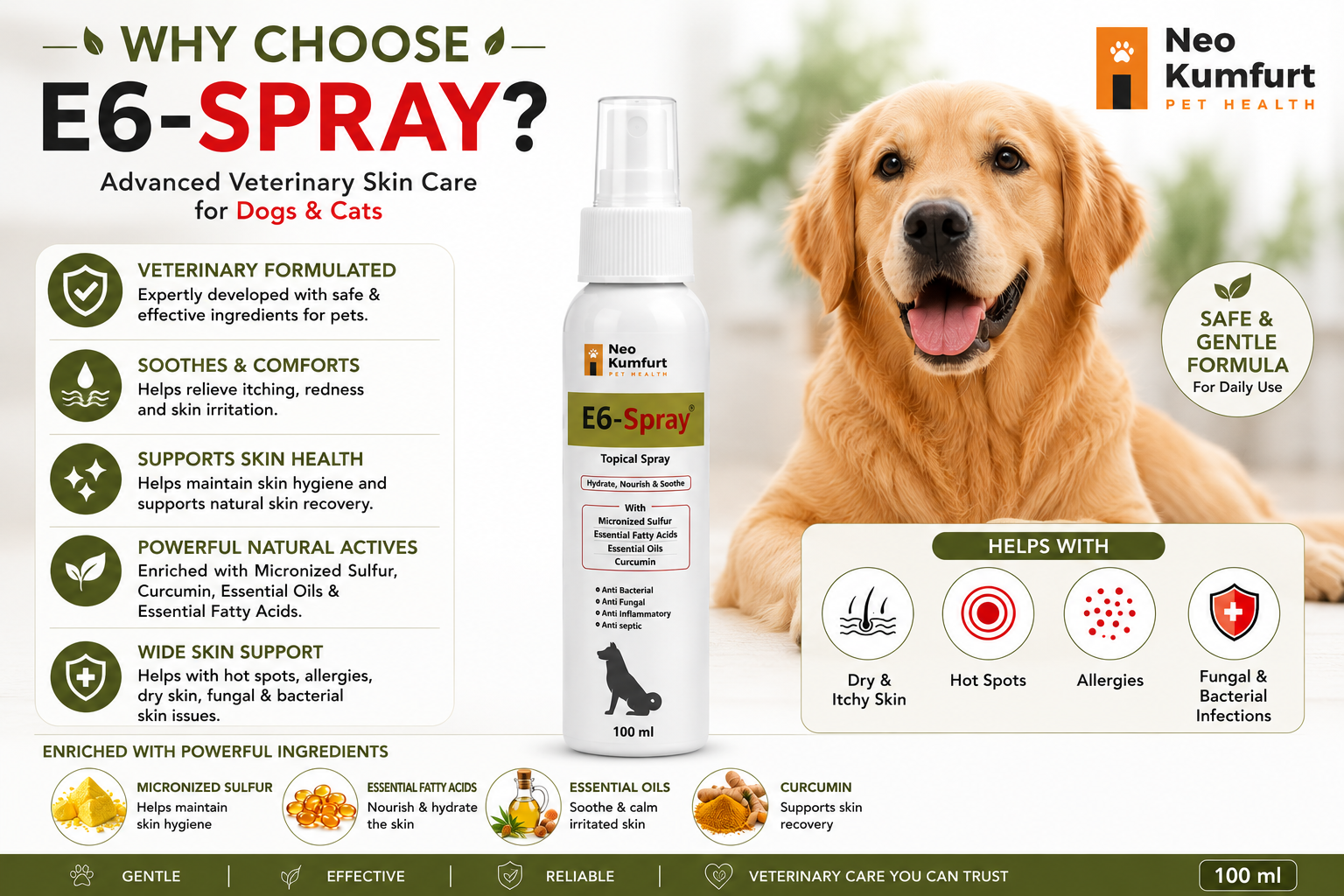 Why choose E6 Pet Skin Spray for dogs with anti itch, anti fungal, and soothing skin care support