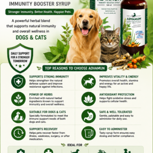 Veterinary educational poster featuring Advamun Immunity Booster Syrup with a dog and cat, highlighting immune support, herbal ingredients, antioxidant protection, vitality, recovery support, and overall pet wellness.