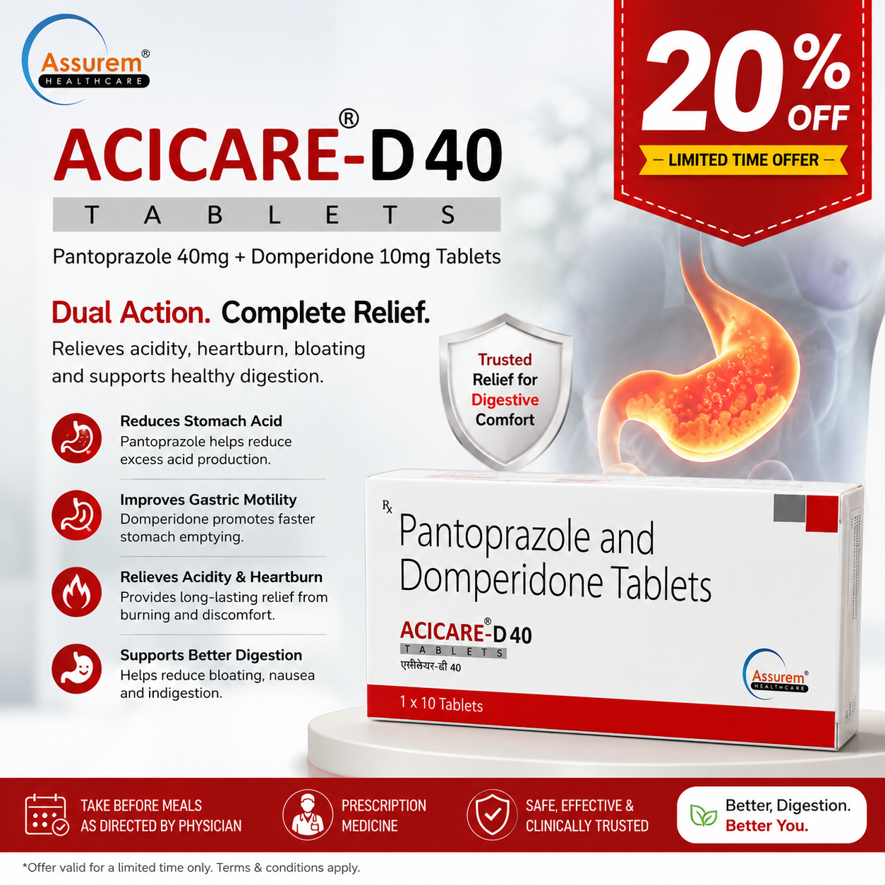 Promotional banner for ACICARE-D40 Tablets featuring Pantoprazole 40mg and Domperidone 10mg, highlighting dual-action relief from acidity, heartburn, bloating, acid reflux, and digestive discomfort with a prominent 20% OFF offer.