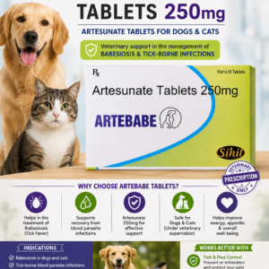 Veterinary promotional poster for Artebabe 250mg Artesunate Tablets highlighting support for babesiosis and tick-borne blood parasite infections in dogs and cats.